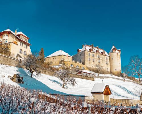 Château de Gruyères en Suisse, perché sur une colline verdoyante au cœur des Préalpes fribourgeoises, entouré de paysages alpins et de villages pittoresques